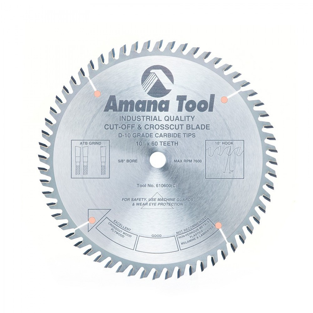 Disco 10" (250mm) con 60 Dientes Amana Tool para corte Cut-Off y Crosscut con Punta de carburo ATB (Diente Biselado Alternado)