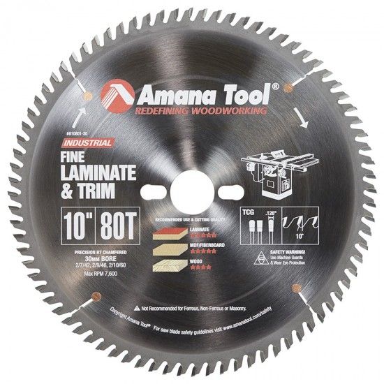 Disco 10" (250mm) con 80 Dientes Amana Tool con 10° para Corte Fino Cut-Off y Crosscut con Punta de Carburo TCG (Diente Triple Bisel)