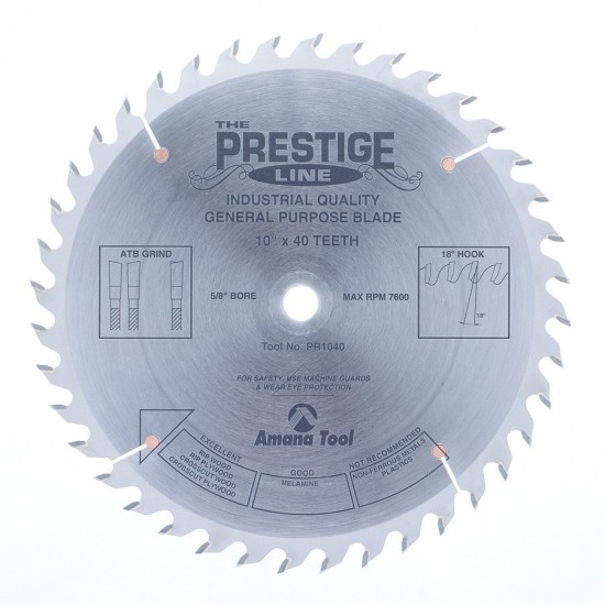 Disco Prestige™ 10" (250 mm) con 40 dientes Amana Tool 18° Angulo de Ataque Biselado Superior Alternado (ATB)