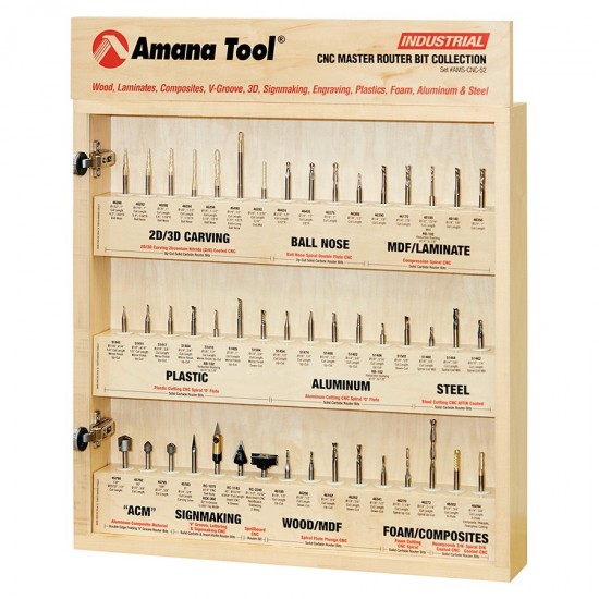 Colección de 52 Brocas Amana Tool para CNC con estante de madera AMS-CNC-52