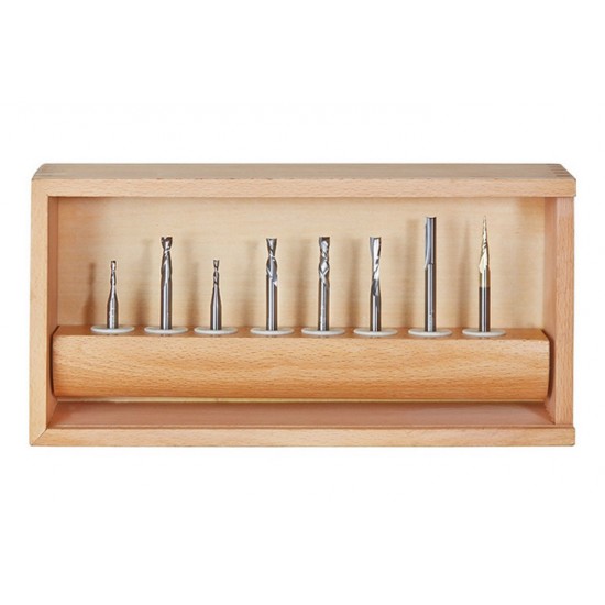 Colección de 8 Brocas Amana Tool para CNC con estante de madera AMS-137
