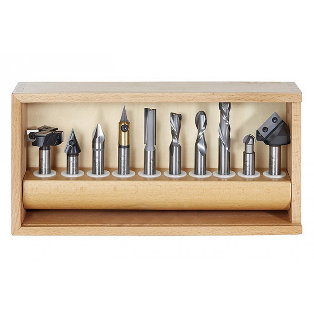 Colección de 10 Brocas Amana Tool para CNC con estante de madera  AMS-138
