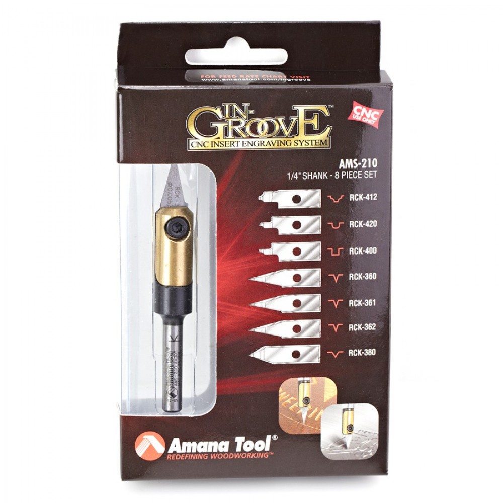 Colección de 8 piezas 1/4" Amana Tool para gravado CNC con cuchillas de repuesto en-groove AMS-210