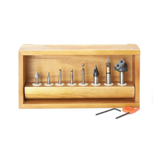 Colección de 8 Brocas Amana Tool para CNC con estante de madera AMS-130
