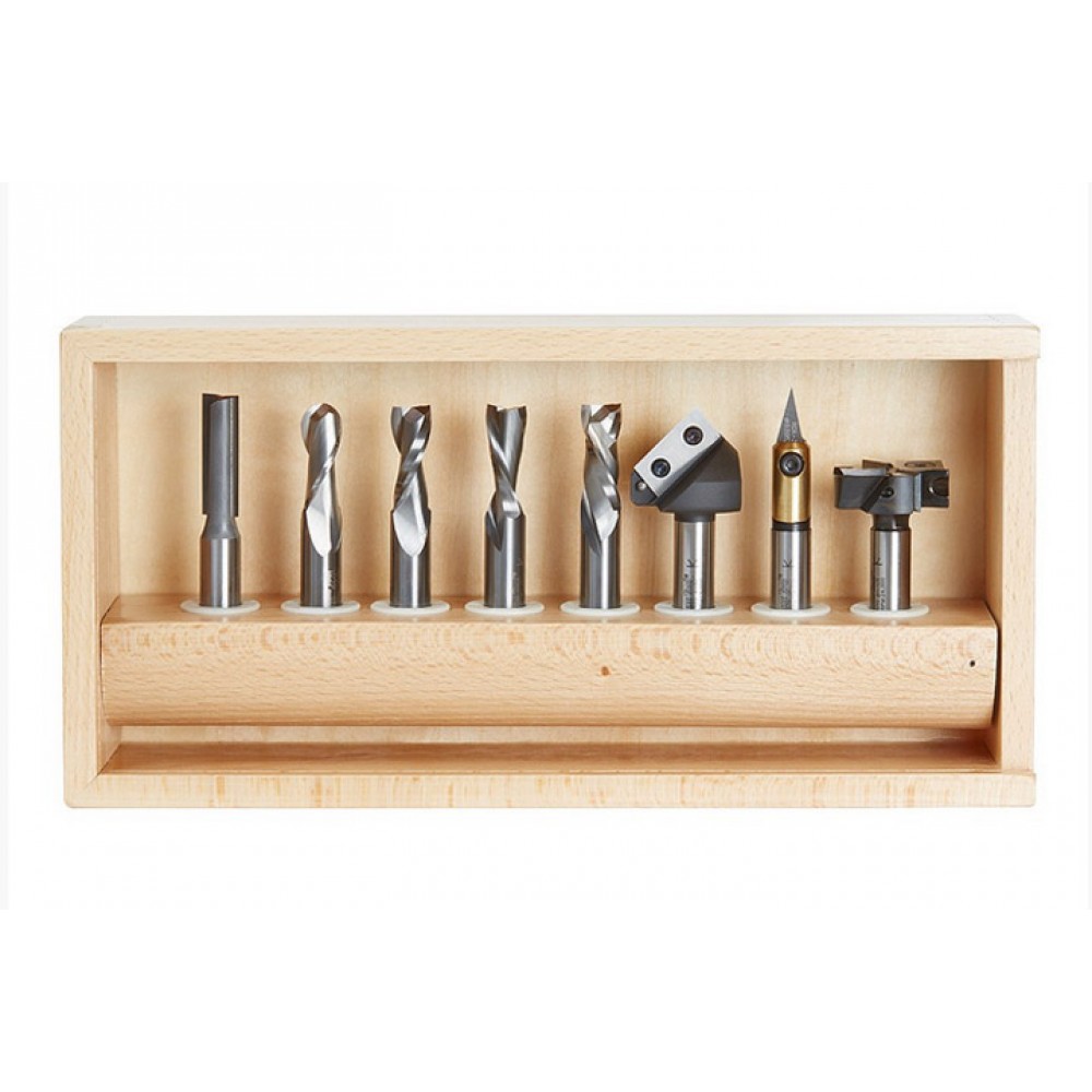 Colección de 8 Brocas Amana Tool para CNC con estante de madera AMS-170