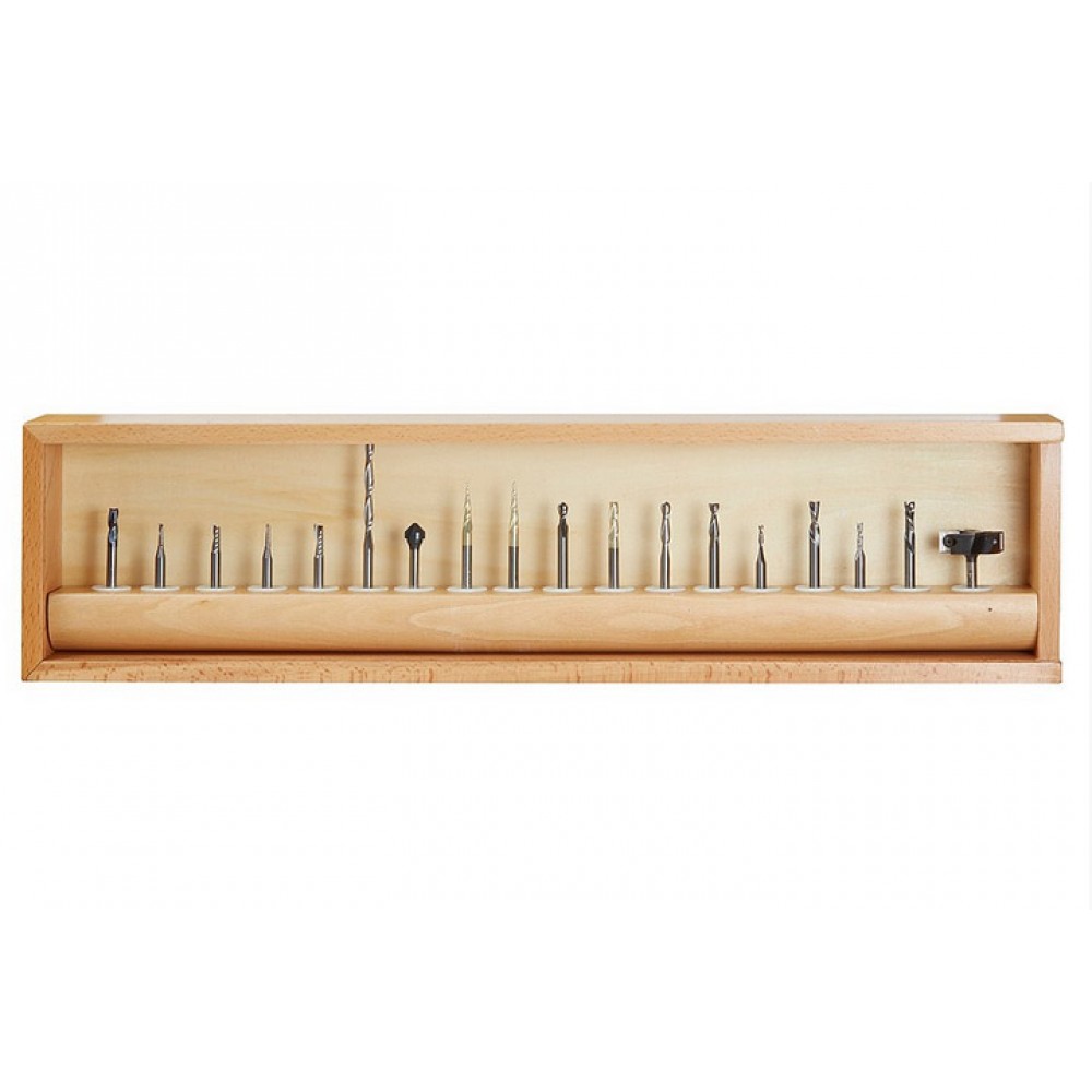 Colección de 18 Brocas Amana Tool para CNC con estante de madera AMS-176